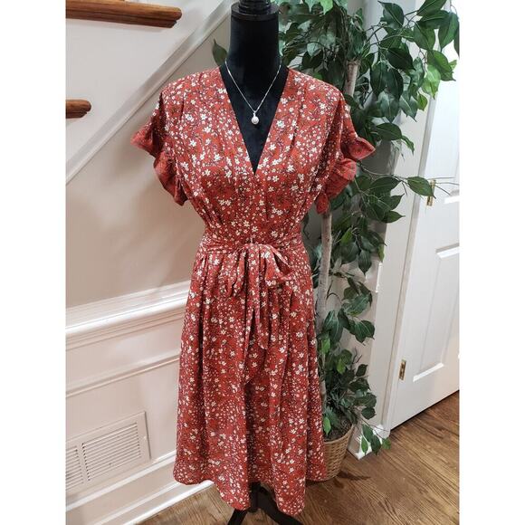 Max Studio Womens Brown Floral V Neck Short Sleeve Knee Length Dress Size Small - Picture 1 of 14